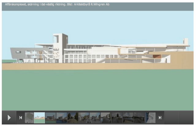Affärskomplexet, skärning i öst-västlig riktning. Bild: Arkitektbyrå R.Wingren Ab